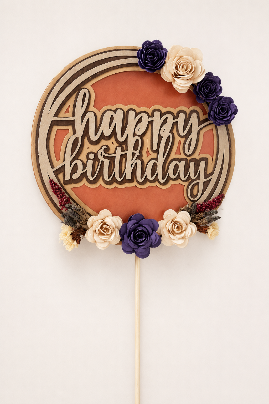 Purple Floral Happy Birthday Cake Topper | Handmade Reusable Cake Topper