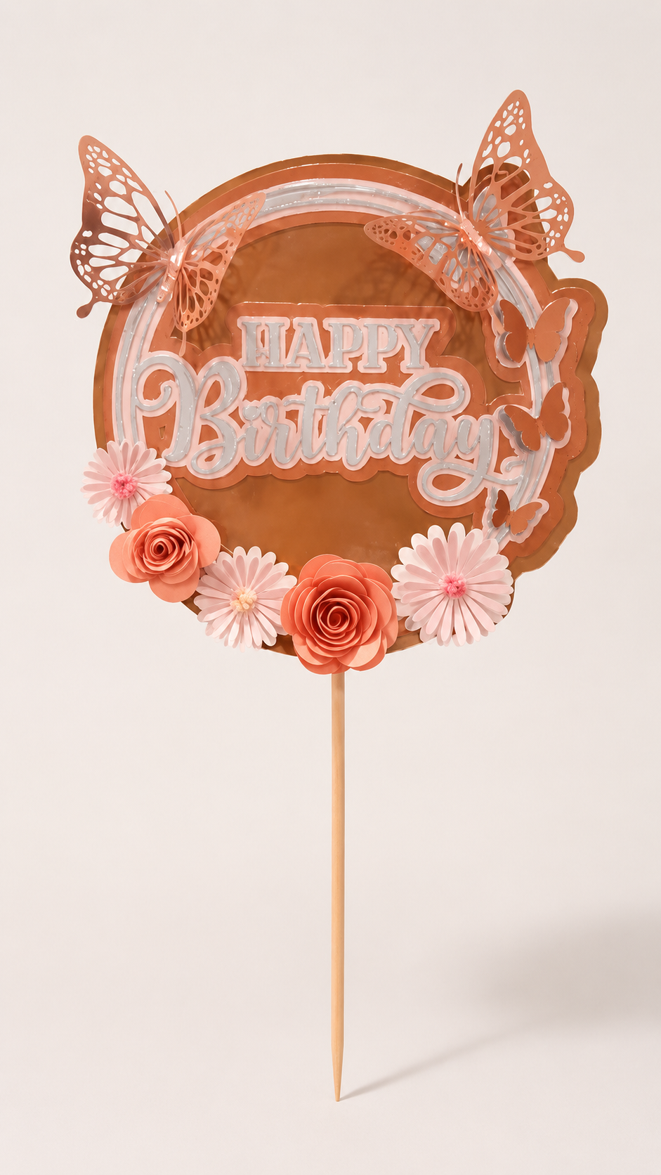 Peach Butterfly Happy Birthday Cake Topper | Handmade Reusable Cake Topper