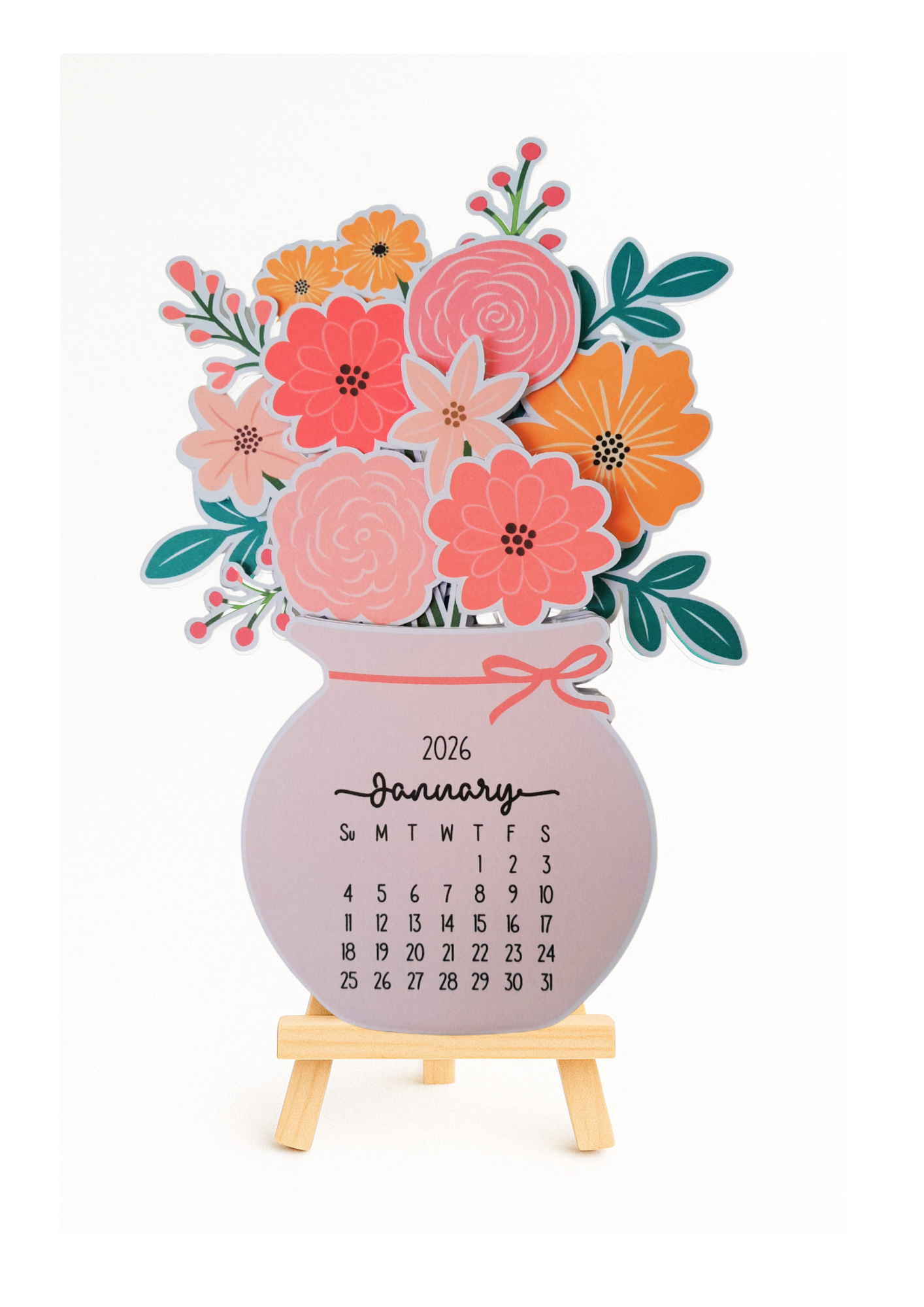 2026 flower vase mini desk calendar on wooden easel by AnyaJune