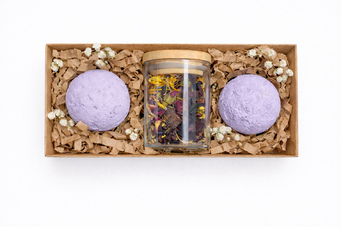 Berry and Vanilla mini bath bomb gift set by AnyaJune with dried botanical bath blend in kraft box