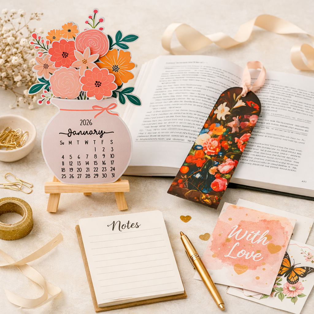 Stationery and paper goods collection by AnyaJune featuring a 2026 floral desk calendar, acrylic bookmark, notepad, pen and cards