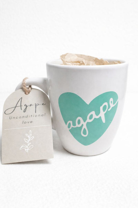 Agape mug by AnyaJune with heart design and meaning tag