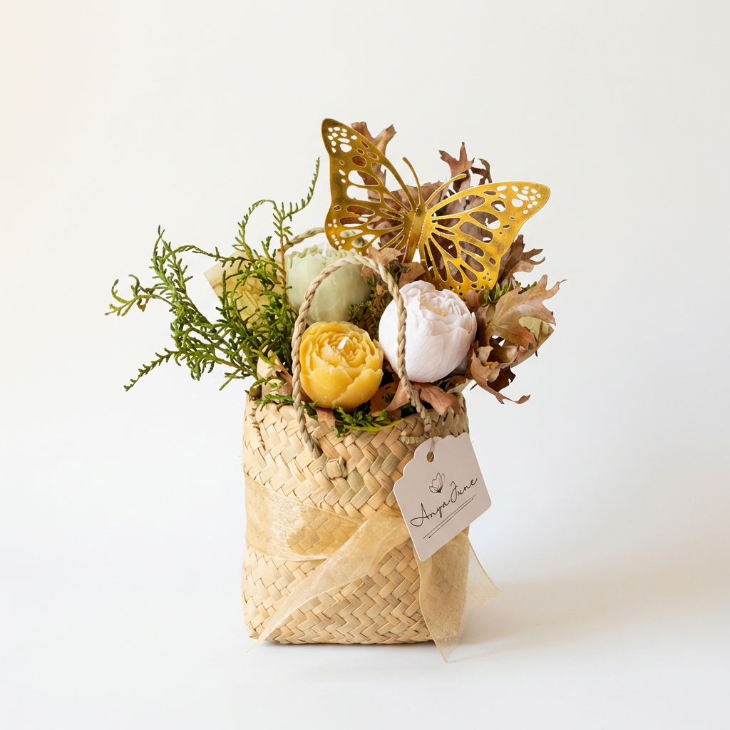 Handmade Autumn Kete gift with peony candles, dried autumn leaves and semi-dried ferns by Anya June