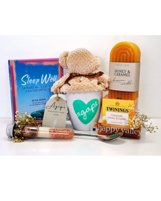 Agape Rest and Restore self-care gift box by AnyaJune with mug, bath salts, candle, tea and teddy