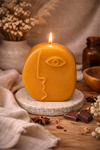 Pure beeswax sculptural face candle styled on a stone tray with linen, dried flowers and warm decor