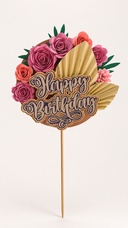 Pink Floral Happy Birthday Cake Topper | Handmade Reusable Cake Topper