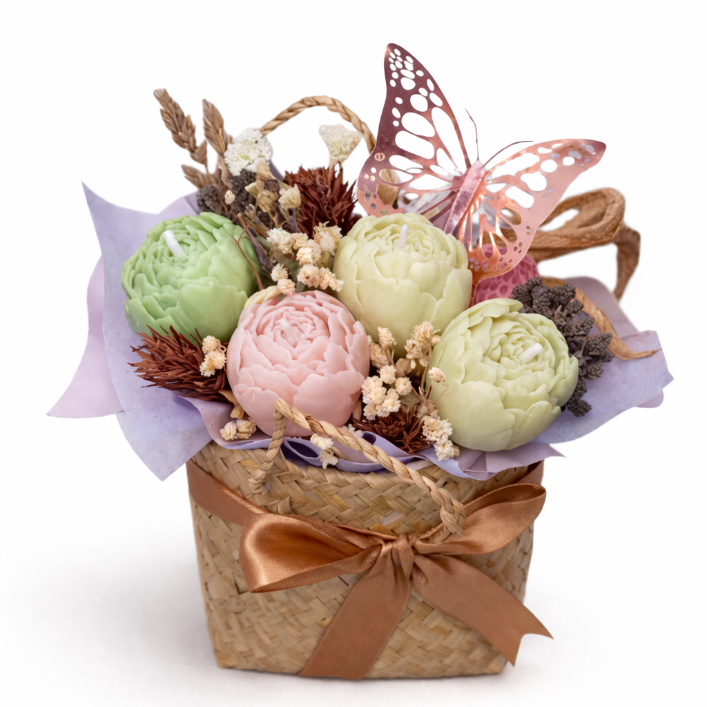 Peony & Strawberry Candle Bouquet in Woven Kete Bag