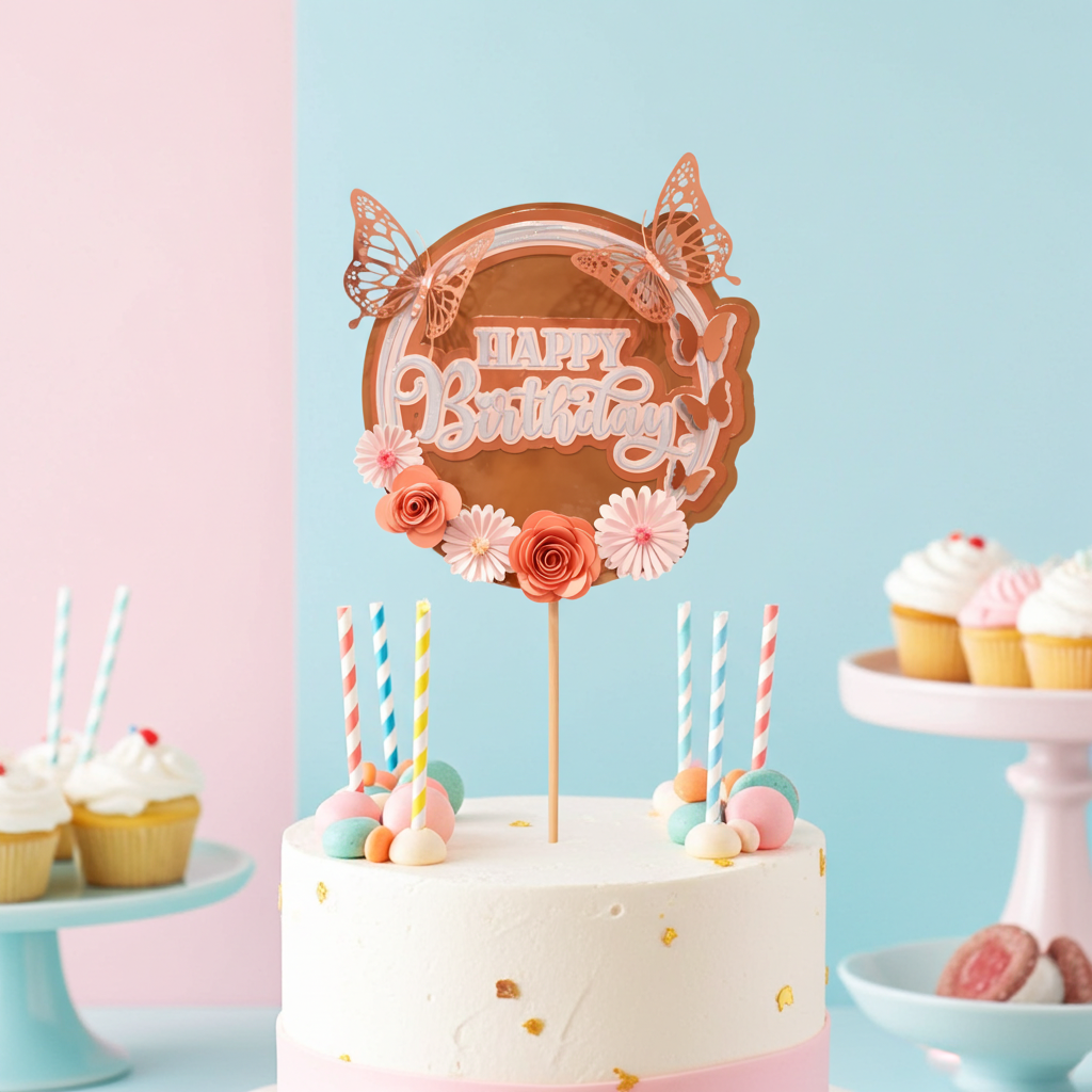 Peach Butterfly Happy Birthday Cake Topper | Handmade Reusable Cake Topper
