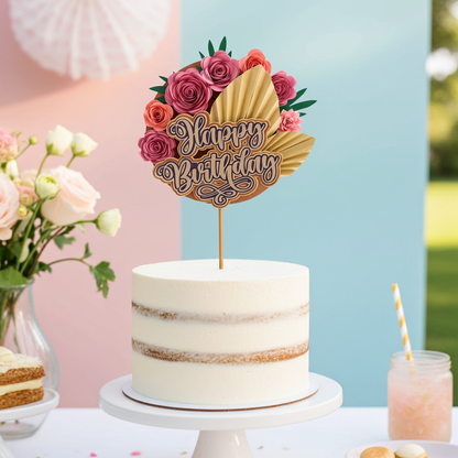 Pink Floral Happy Birthday Cake Topper | Handmade Reusable Cake Topper