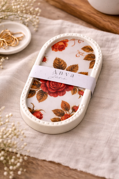 Vintage rose floral trinket dish styled on linen with jewellery and soft neutral decor