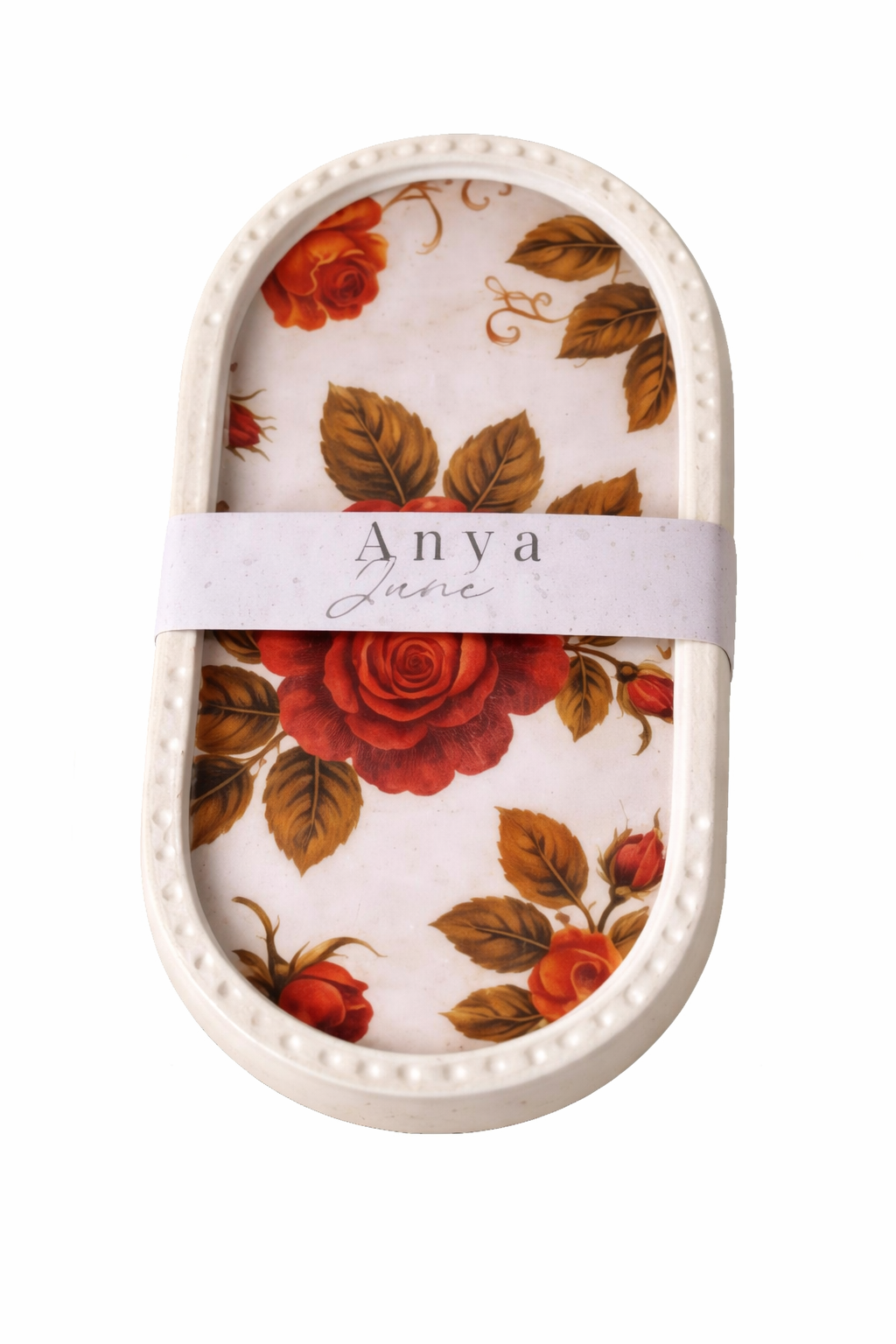 Vintage rose floral trinket dish by Anya June with oval shape and red rose design