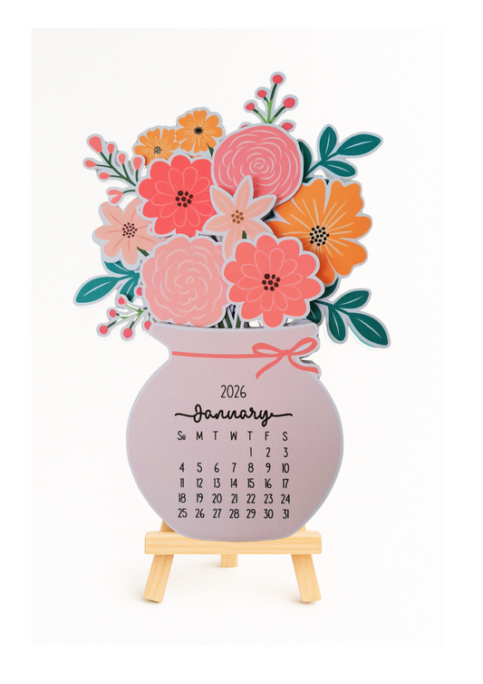 2026 flower vase mini desk calendar on wooden easel by AnyaJune