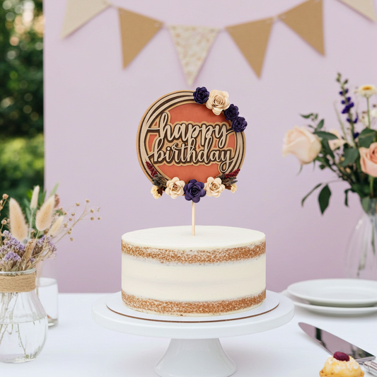 Purple Floral Happy Birthday Cake Topper | Handmade Reusable Cake Topper