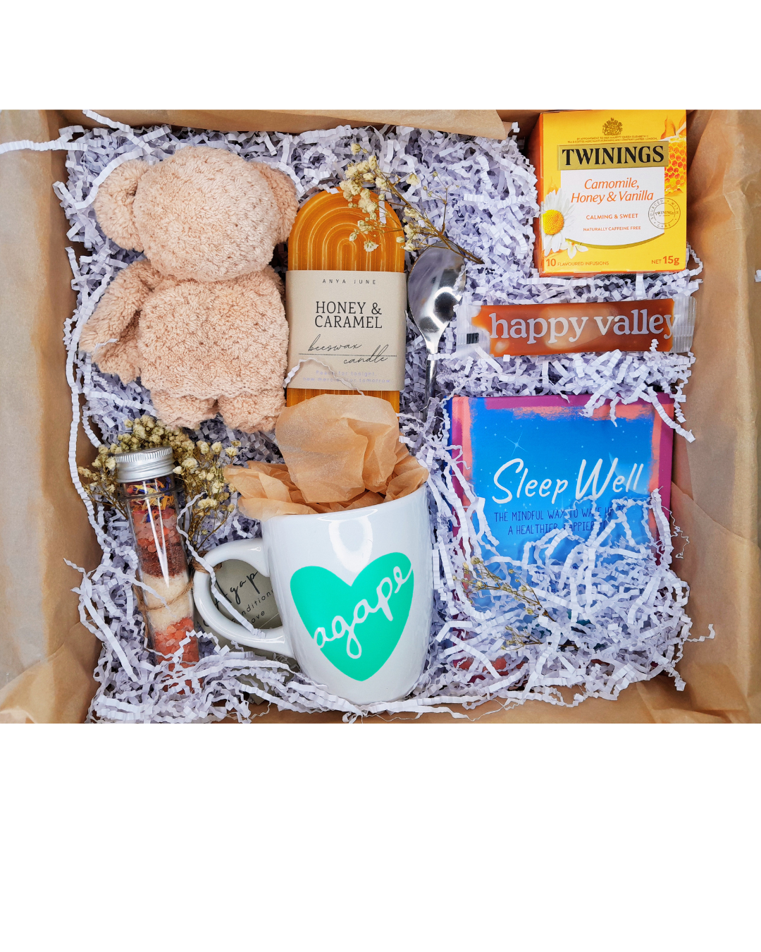 Open Agape Rest and Restore gift box by AnyaJune with self-care items inside