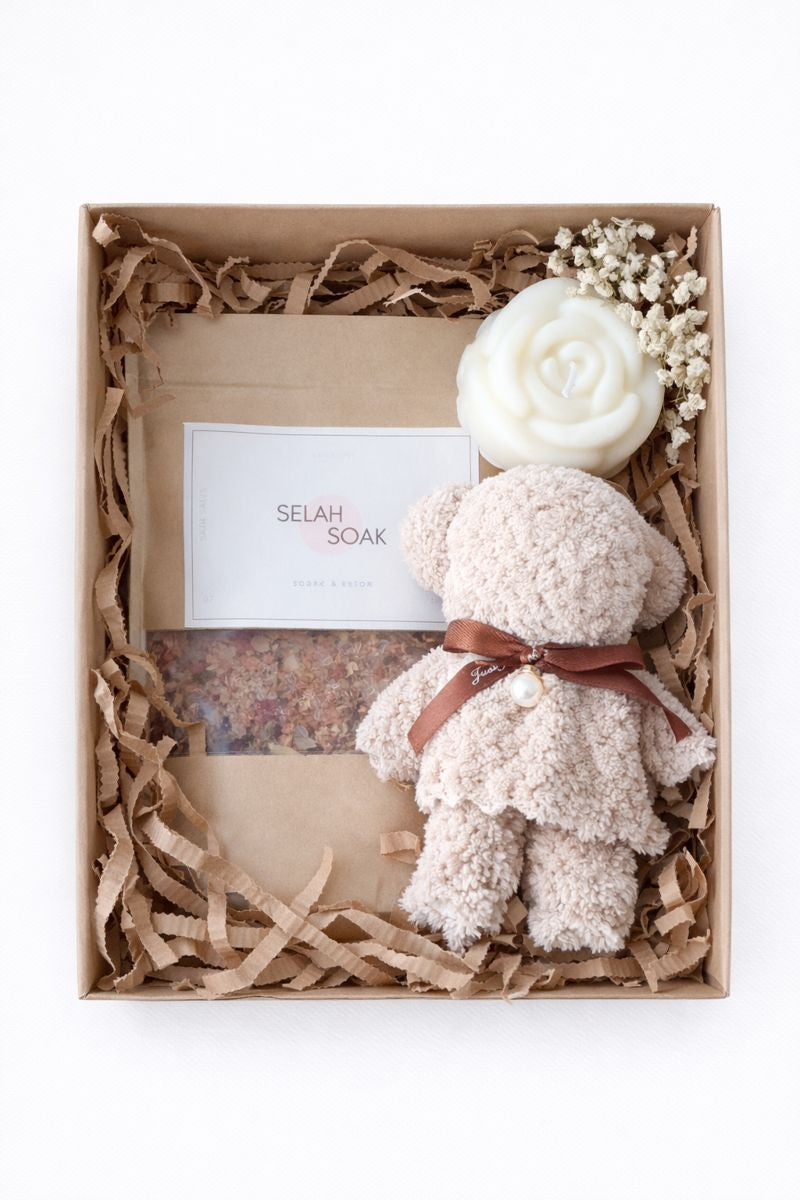 Soak It Up Sweetheart bath gift set by AnyaJune with bath salts, teddy face cloth and rose soy candle